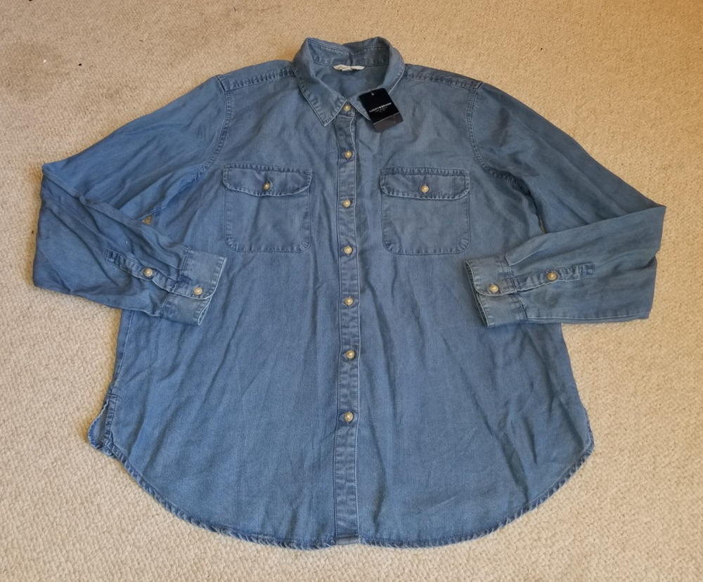 NWT $69 Womens Top-LUCKY BRAND-blue tencel chambray button-up shirt pockets-L
